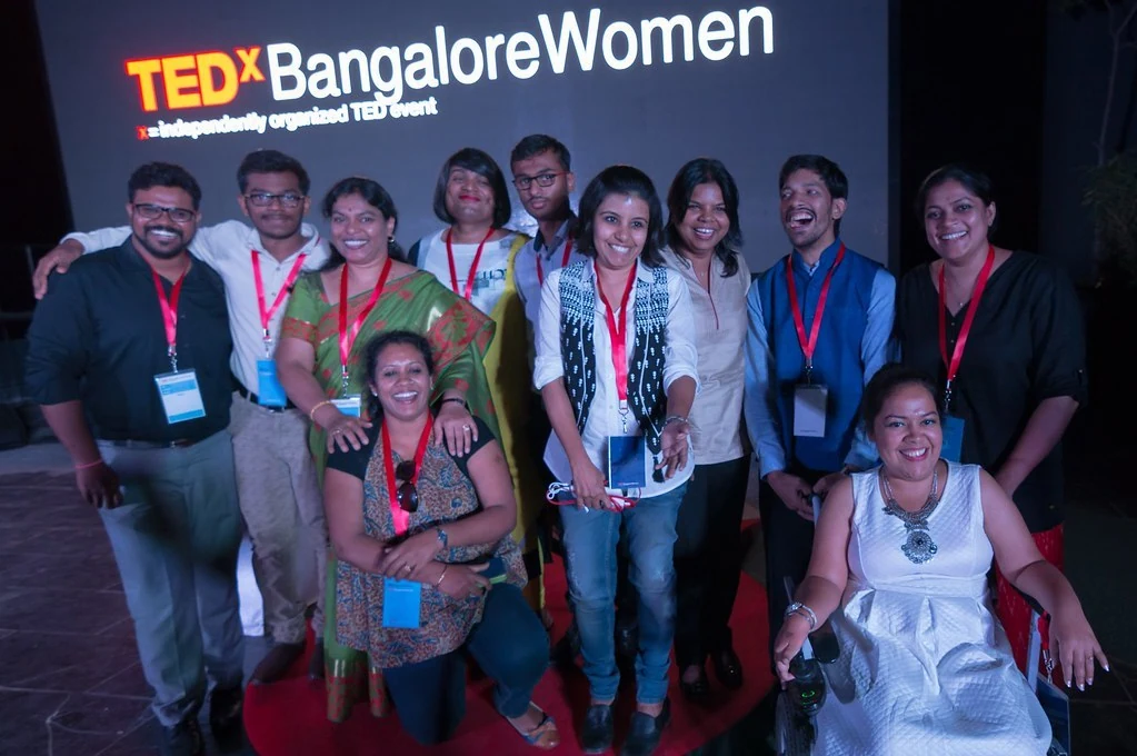 A group photograph on the TEDxBangaloreWomen stage at TEDxBangaloreWomen.