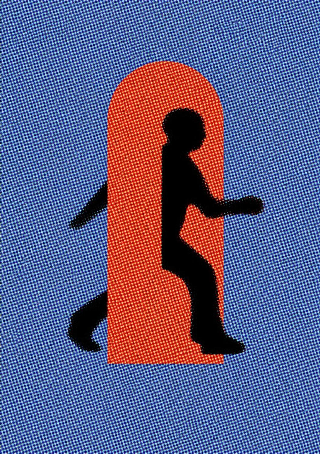 A halftone human silhouette steps through a red arched portal