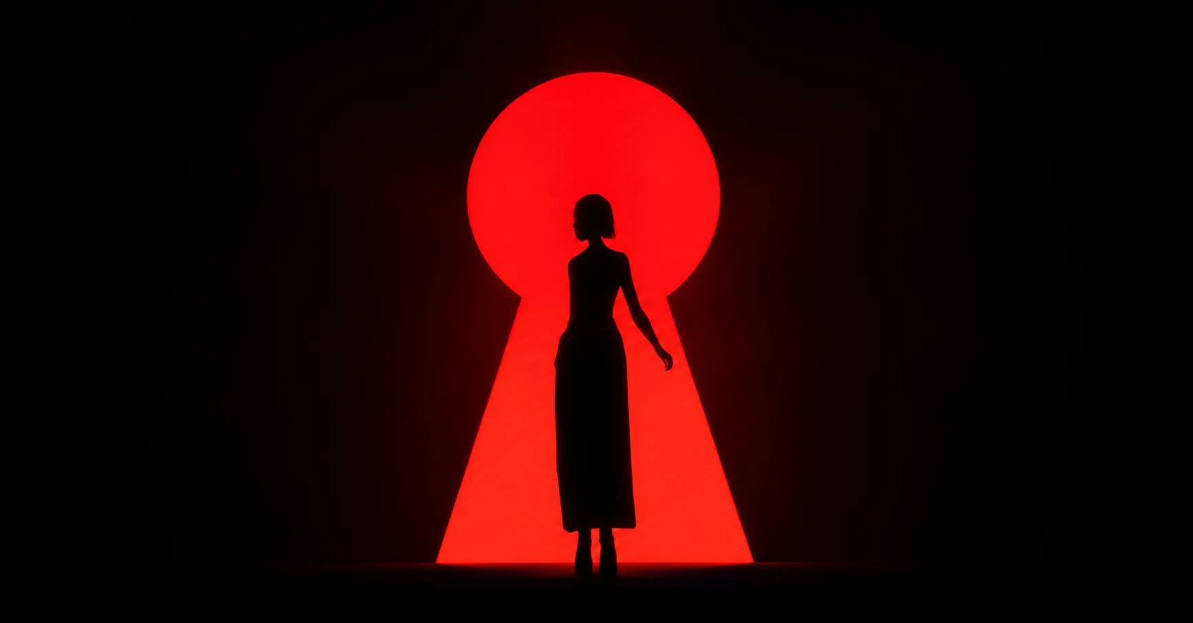 A human silhouette stands before a luminous red keyhole